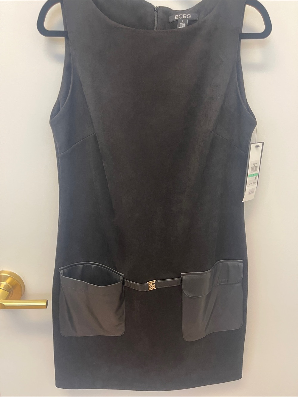 BCBG Black Suede-Look Sleeveless Shift Dress with Front Pockets